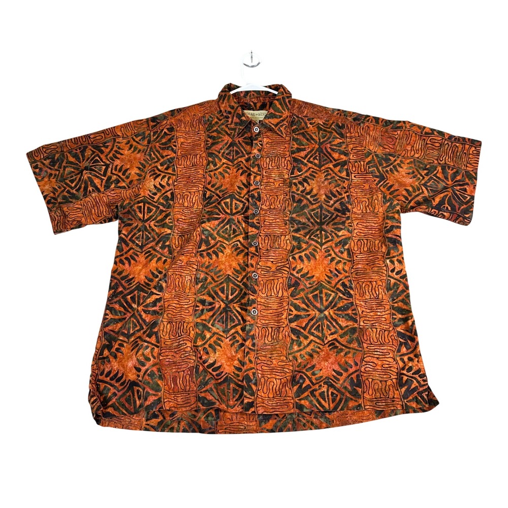 Johari West Mens 2XL Batik Shirt Orange Brown Tribal Geometric Cotton Button Up